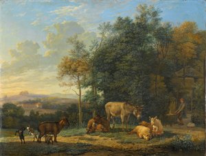 2頭のロバ、ヤギ、ブタのいる風景 2頭のロバ、ヤギ、豚のいる風景 作： Karel Du Jardin