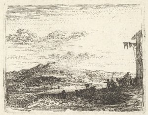 建物の隅と日除けが一番右にある風景、2人の人物と1つの馬... 1641-78。 作： Karel Du Jardin