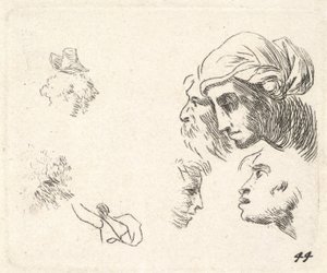 横から見た頭部の習作、被り物をした女性とひげを生やした男性の頭部... 1641-78。 作： Karel Du Jardin