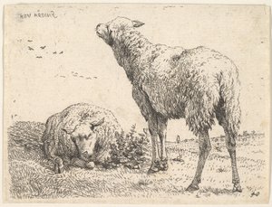 2匹の羊、1匹は正面を向いて横たわり、脚を下に折りたたんで...、およそ1655年。