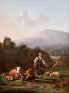 川岸：人物と牛のいる風景（キャンバスに油彩） 作： Karel Dujardin
