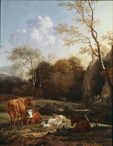 小川のそばの動物ボカージュ。カレル・デュジャルダン（1622-1678）の絵 1656年 日。52x43 cm パリ、ルーヴル美術館 作： Karel Dujardin