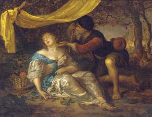 樹木が茂った風景の中、天蓋の下で眠っている女性にひざまずく羊飼い 作： Karel de Moor
