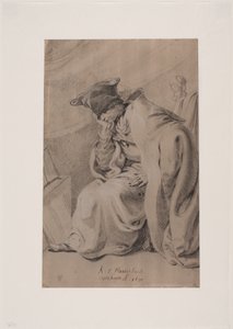 頬の下に手を置いて思慮深く座っている若い男。 マントと毛皮の帽子 作： Karel van III Mander