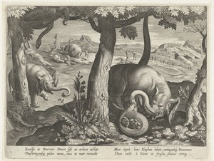 オリファントは戦闘中にスラングに出会った Jachttaferelen (シリーズタイトル) Bestiary でのジビエ、鳥、魚の狩猟 (シリーズ タイトル) 作： Karel van Mallery (attributed to)