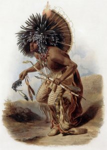 ペフリスカ・ルハパの肖像、犬舞踊の衣装を身につけたミナターレの戦士。色彩豊かな衣服と羽毛でできた大きな帽子をかぶり、白鳥の翼の骨で作られたパイプと弓矢を持っている。 作： Karl (after) Bodmer