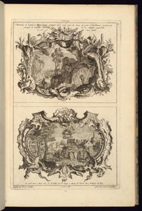 印刷、2つのカルトゥーシュのデザイン、1745 作： Karl Albert von Lespilliez