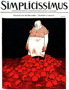 チャーチルと血と髑髏の川を描いたドイツの雑誌『Simplicissimus』（1940年頃）の表紙（リトグラフ）。