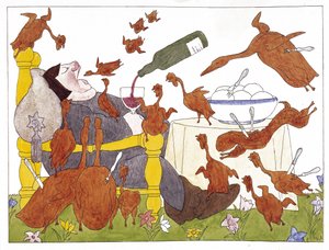 ハンス・ザックス（1494-1576）作「シュラーラッフェンランド」の挿絵（紙にペン・インクと水彩画） 作： Karl Arnold