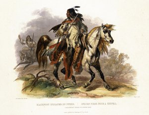 Leopold Beyer（1784-c.1870）1843（aquatint）によって刻まれた、馬に乗ったブラックフットインディアン、「北米の内部の旅」のボリューム1のプレート19 作： Karl Bodmer