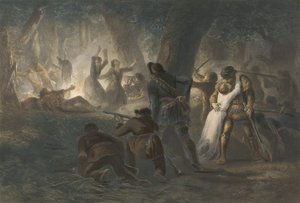 パブ、ダニエルブーンとリチャードキャロウェイの娘たちの救出。 1852（カラー彫刻） 作： Karl Bodmer