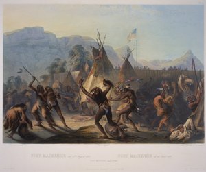 マッケンジー砦、1833年8月28日、マンソーとハリマンによって彫刻され、1842年に公開（アクアチント） 作： Karl Bodmer