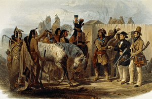 ヒダッツァ・インディアンに迎えられたマックス・フォン・ヴィード・ニューヴィード王子（1782-1867）とカール・ボドマー 作： Karl Bodmer