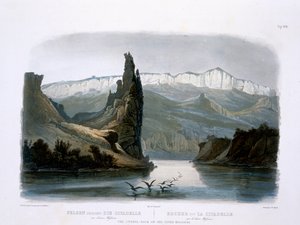 カールフォーゲル（1816-51）1843（アクアチント）によって彫刻された「北アメリカの内陸の旅」の第1巻のプレート18、ミズーリ州上部の城塞岩 作： Karl Bodmer