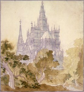 ゴシック様式の教会のある森の風景 (鉛筆、インク、水彩) 作： Karl Friedrich Schinkel