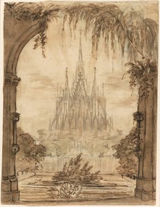 白鳥のいる池の後ろにあるゴシック様式の大聖堂 作： Karl Friedrich Schinkel