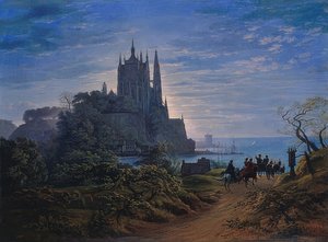 海沿いの岩の上のゴシック様式の教会。 1815 作： Karl Friedrich Schinkel