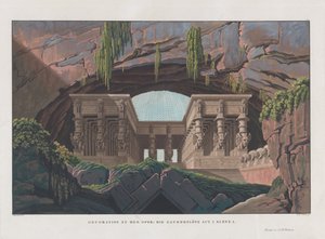 ヴォルフガング・アマデウス・モーツァルトによるオペラ「魔笛」の舞台デザイン、1847-1849年。 作： Karl Friedrich Schinkel