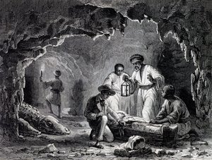 Samoun の洞窟での考古学的発見、Karl Girardet (1813-1871) による描画に基づく彫刻 作： Karl Girardet