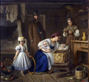 濡れた看護婦が病気の子供を訪ねてきた par Wenig, Karl Bogdanovich (1830-1908) 作： Karl Gottlieb Wenig