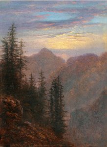 "夕暮れの山の風景" カール・グスタフ・カルス（1789-1869）の絵画 19世紀 油彩・キャンバス 薄手 20,6x15,1 cm 個人蔵 作： Karl Gustav Carus