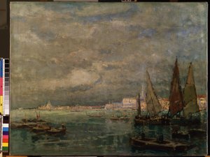 「ベニスのラグーンに浮かぶ帆船の眺め」 (Blick auf Venedig mit Segelbooten)。 Karl (Carl) Hagemeister (1848-1933) による絵画 1926 Dim. 51x71 cm Mikalojus Konstantinas Ciurlionis Fine Arts Museum、カウナス、リトアニア 作： Karl Hagemeister