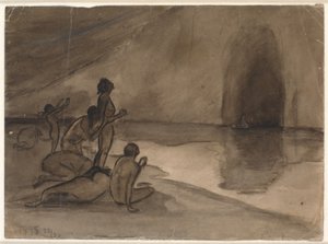 Aurvangalandet のビーチで裸の人々 は Heimdal が来るボートを見る