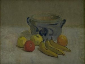 灰色の瓶、リンゴ、バナナのある静物