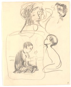 「Boy planting」(「Hoppat」) の 2 つの草稿、2 つの女性の頭の上