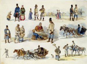 ロシアの民俗タイプ。 （ロシアの民俗タイプ）。 カール・イワノビッチ・コルマン (1786-1846) の作品、厚紙に水彩 作： Karl Ivanovich Kolmann
