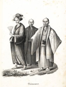 Japanese oiran and samurai. Japanese courtesan in kimono with fan and hair ornaments, and two Japanese samurai in chonmage hairstyle wearing montsuki over hakama with two swords (katana) in their belts. (Titled Chinese in error.) Lithograph by Karl Joseph  作： Karl Joseph Brodtmann