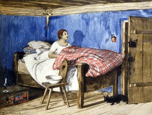 女性の寝室を訪れる猫、20世紀初頭（イラスト） 作： Karl L. H. Müller