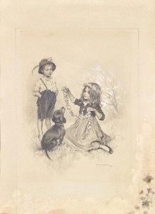 花とダックスフントのいる草原で遊ぶ2人の子供 作： Karl Ludwig Prinz