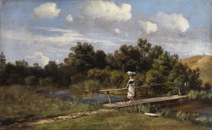 橋の上に洗濯機を置いた夏の風景 作： Karl Millner