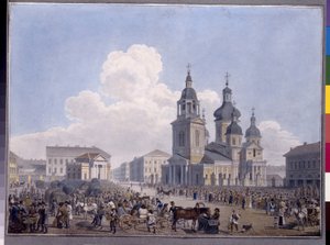 サンクトペテルブルクのヘイ マーケット プレイスとアサンプション教会。 Karl Petrovich Beggrov (1799-1875) の作品、紙に水彩