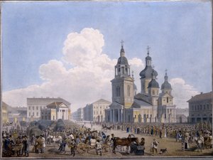 サンクトペテルブルクの干し草の市場と被昇天教会 - カール・ペトロヴィッチ・ベグロフ (1799-1875) 作、紙に水彩 (10.3x15,1 cm)、1820-1830 - 国営ロシア