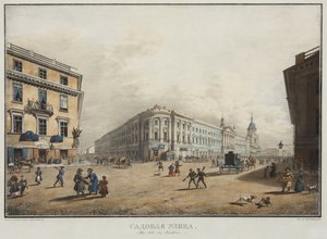 サンクトペテルブルクのサドヴァヤ通りの眺め - カール・ペトロヴィッチ・ベググロフ（1799-1875）。リトグラフ、水彩画