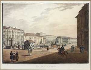 警察橋付近のモイカ堤防の眺め - カール・ペトロヴィッチ・ベググロフ（1799-1875）。リトグラフ、水彩画