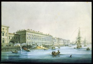 サンクトペテルブルクの宮殿堤防の眺め。 Karl Petrovich Beggrov (1799-1875) による絵画。 紙に水彩とインク、1830 年頃、19 世紀のロシア美術、古典主義。 国立ロシア美術館、聖ペトロ