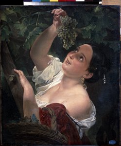 イタリアの正午（イタリアの正午）。 若い女性、むき出しの肩、ぶどうの房を摘む - Karl Pavlovich Briullov (Briullov) (1799-1852) による絵画 - キャンバスに油彩