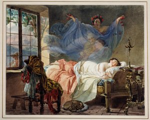夜明けの少女の夢 - カール・パブロヴィッチ・ブリウロフ (ブリウロフ) (1799-1852) の作品 - 段ボールに水彩 作： Karl Pavlovich Bryullov