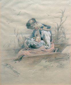 キームゼー湖畔のバージで授乳する女性 作： Karl Raupp