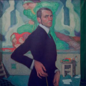 ニーベルンゲンのサイクルを背景にした自画像 作： Karl Schmoll von Eisenwerth