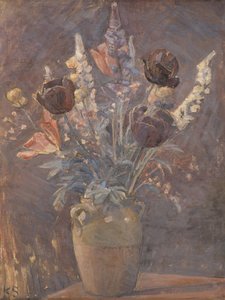 カール・シュー作　チューリップとその他の花をあしらった粘土の花瓶