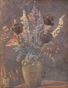 チューリップと他の花の粘土の花瓶 作： Karl Schou