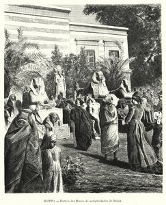 エジプト、カイロ、ブラクの古代エジプト博物館の柱廊（リトグラフ）。 作： Karl Wilhelm Gentz