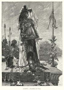 古代エジプトのナイル川に処女を生け贄として捧げること（リトグラフ 作： Karl Wilhelm Gentz