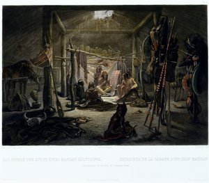 ナルダン・エドモンド・デスマドリル（b.1801）c.1835（アクアチントで彫刻）によって刻まれたマンダン族の首長の小屋の内部 作： Karl after Bodmer