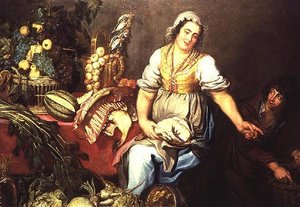 果物と野菜とニワトリを持つ少女のいる台所の静物画 作： Kasper or Gaspar van den Hoecke
