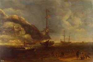 前景に海運と漁師がいる沿岸の景色（パネルに油彩） 作： Kasper van Eyck